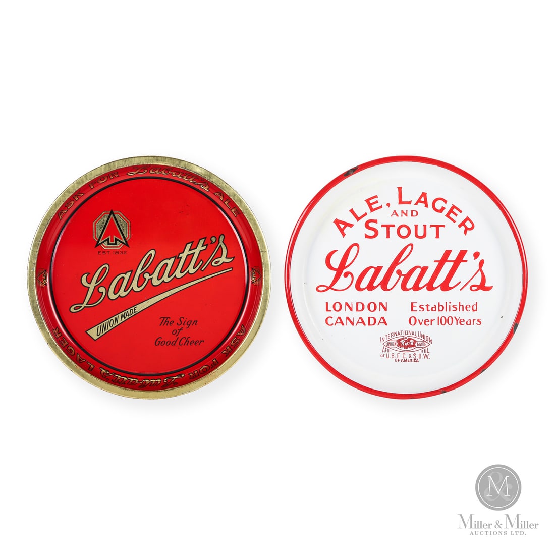 Labatt's Beer Trays: Made in Canada. 1930 - 1940. 1 Porcelain, 1 Tin. London, Canada. Red marked, "GENERAL STEEL WARES LIMITED NO. 7" lower centre edge. All items are guaranteed authentic by Miller & Miller Auctions. All 