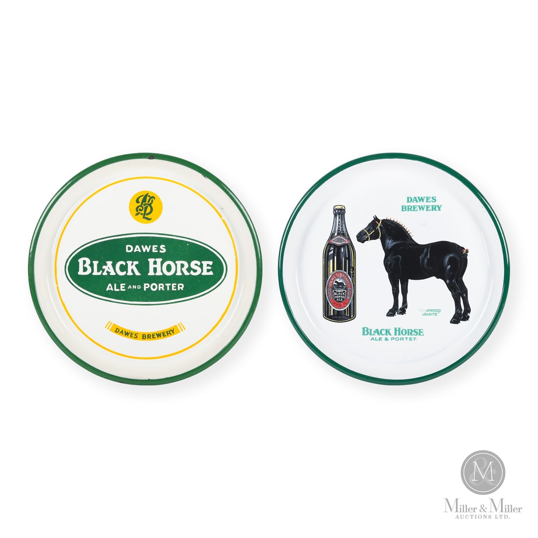 Dawes Black Horse Beer Trays: Made in Canada. 1930 - 1940. Single-sided porcelain (SSP). Ale and porter. The black horse is named rockwood granite. Lachine, P.Q. Trays are unmarked. All items are guaranteed authentic by Miller &