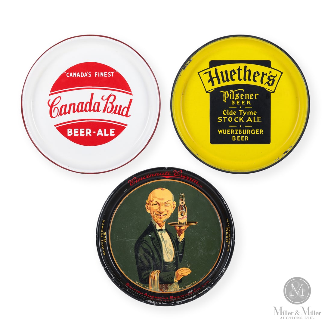 Huether's, Canada Bud, Cincinnati Cream Beer Trays: Made in Canada. 1940 - 1950. 2 porcelain, 1 tin. All unmarked. All items are guaranteed authentic by Miller & Miller Auctions. All purchases are eligible for free delivery to the Fall 2026 Dixie Gas