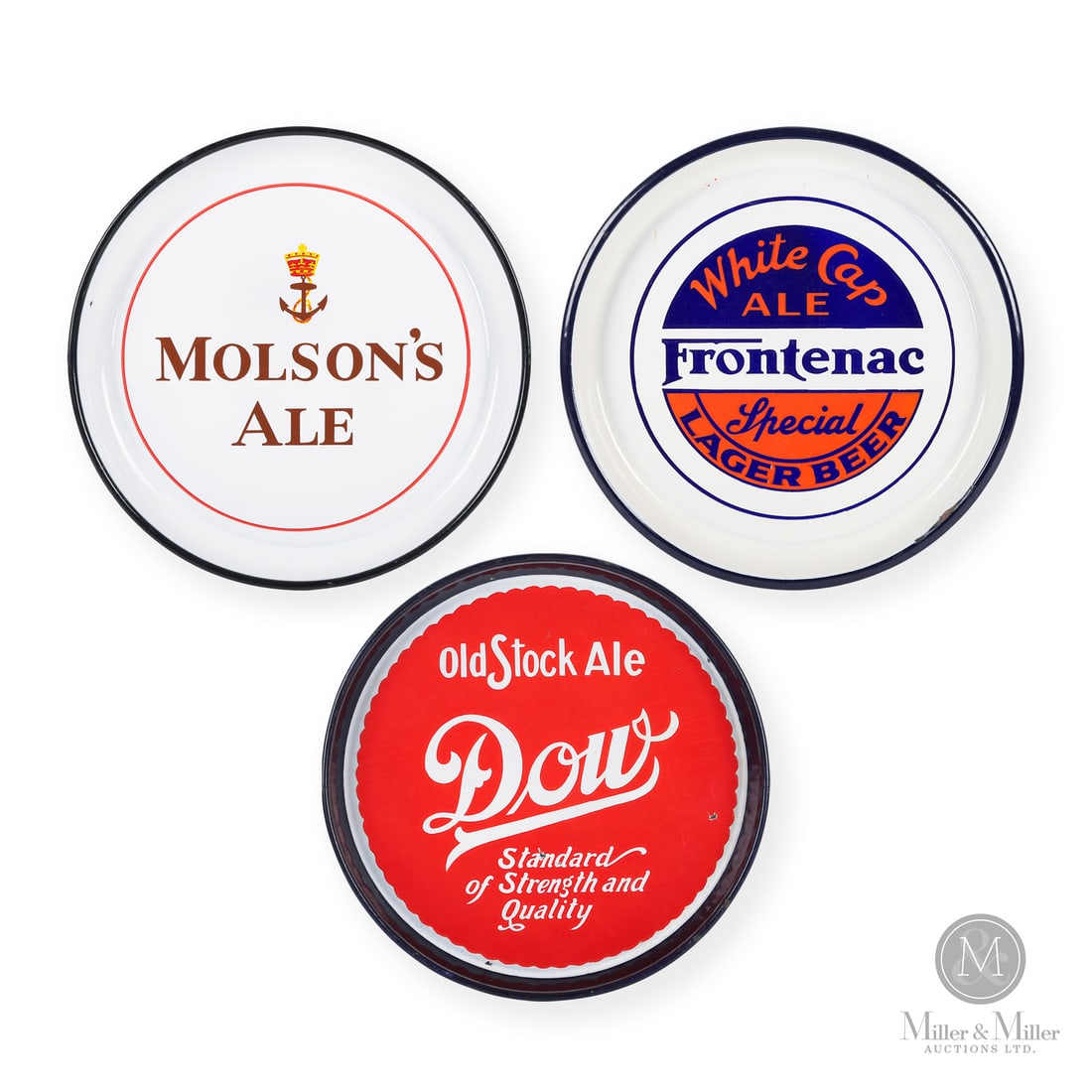 Molson's, Frontenac, Dow Beer Trays: Made in Canada. 1930 - 1940. Single-sided porcelain (SSP). All unmarked. All items are guaranteed authentic by Miller & Miller Auctions. All purchases are eligible for free delivery to the Fall 2026