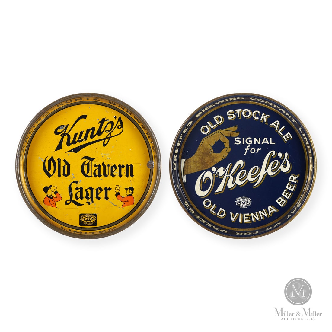 Kuntz and O'Keefe's Beer Trays: Made in Canada. 1930 - 1939. Lithographed Tin. Both trays marked "ST. THOMAS METAL SIGNS, LTD" lower centre edge. All items are guaranteed authentic by Miller & Miller Auctions. All purchases are