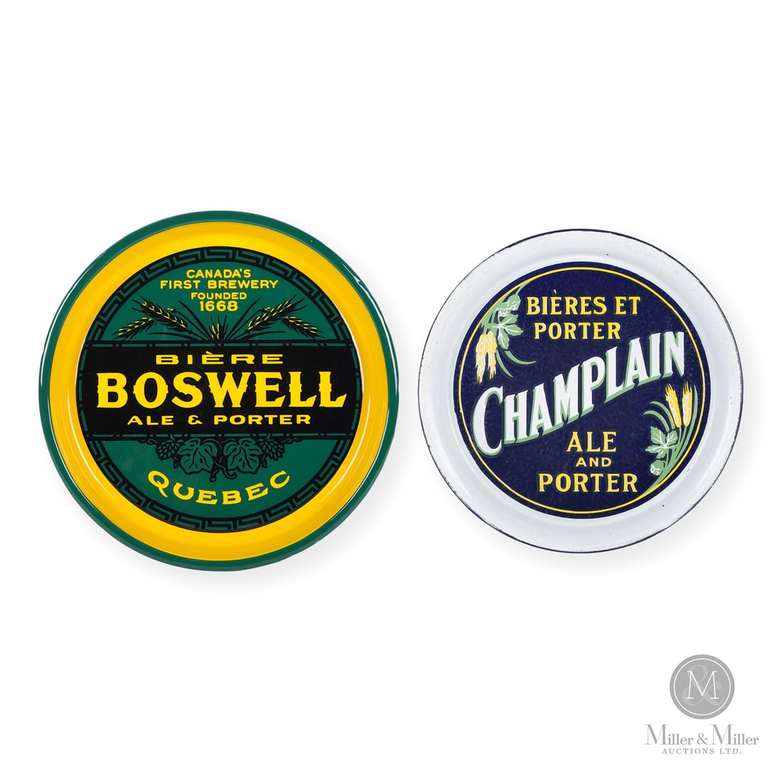 Boswell and Champlain Serving Trays: Made in Canada. 1930 - 1940. Single-sided porcelain (SSP). Boswell Canada's first brewery was founded in 1843. They merged with Dow Brewery in 1952. Champlain was founded in 1911 and after multiple