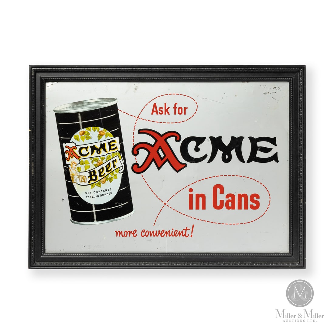 Acme Beer Sign: Made in U.S.A. 1936 - 1949. Single-sided tin (SST). Retained in wooden frame. Unmarked. Authenticated by The Authentication Company (TAC #402762). All items are guaranteed authentic by Miller &