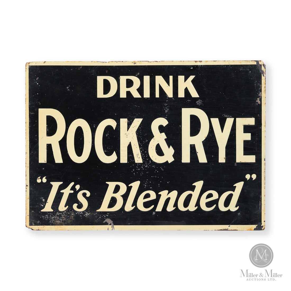 Rock & Rye Tin Tacker Sign: Made in U.S.A. 1933 - 1941. Single-sided tin (SST). Embossed. Unmarked. Authenticated by The Authentication Company (TAC #501743). All items are guaranteed authentic by Miller & Miller Auctions. All