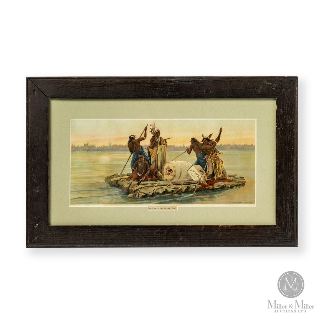 Anheuser Busch The Father of Waters Paper Lithograph: Made in U.S.A. 1910 - 1920. Lithographed paper. Features an image of Native Americans transporting the product across water using a wooden raft. Marked, "COPYRIGHT BY AUGUST A. BUSCH." lower right.
