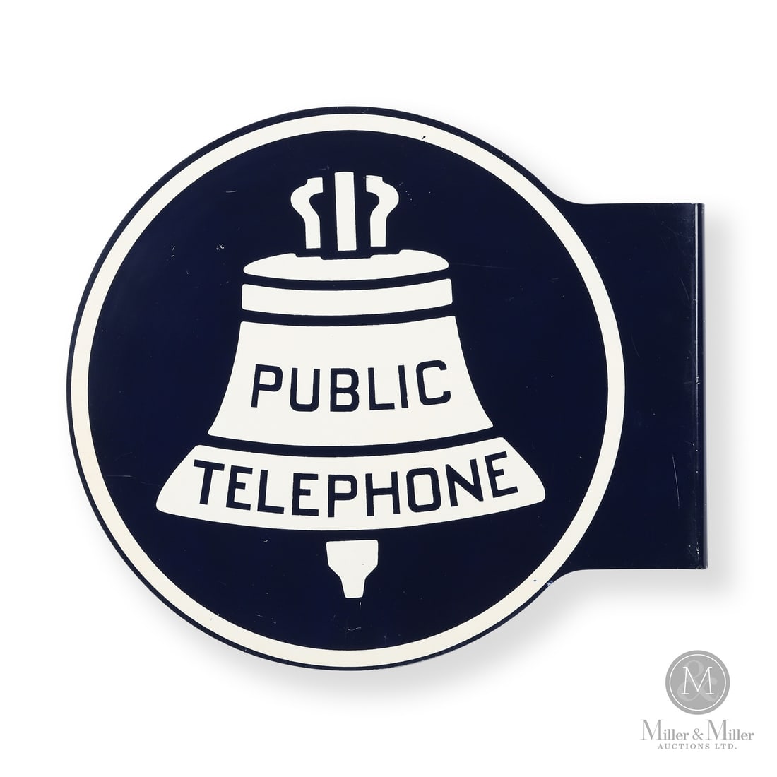 Bell Public Telephone Flange Sign: Made in U.S.A. 1965 - 1969. Double-sided aluminium (DSA). The circular shaped flange was introduced in 1965. This bell logo was used until 1965 when a more simplistic bell image was introduced. Stampe