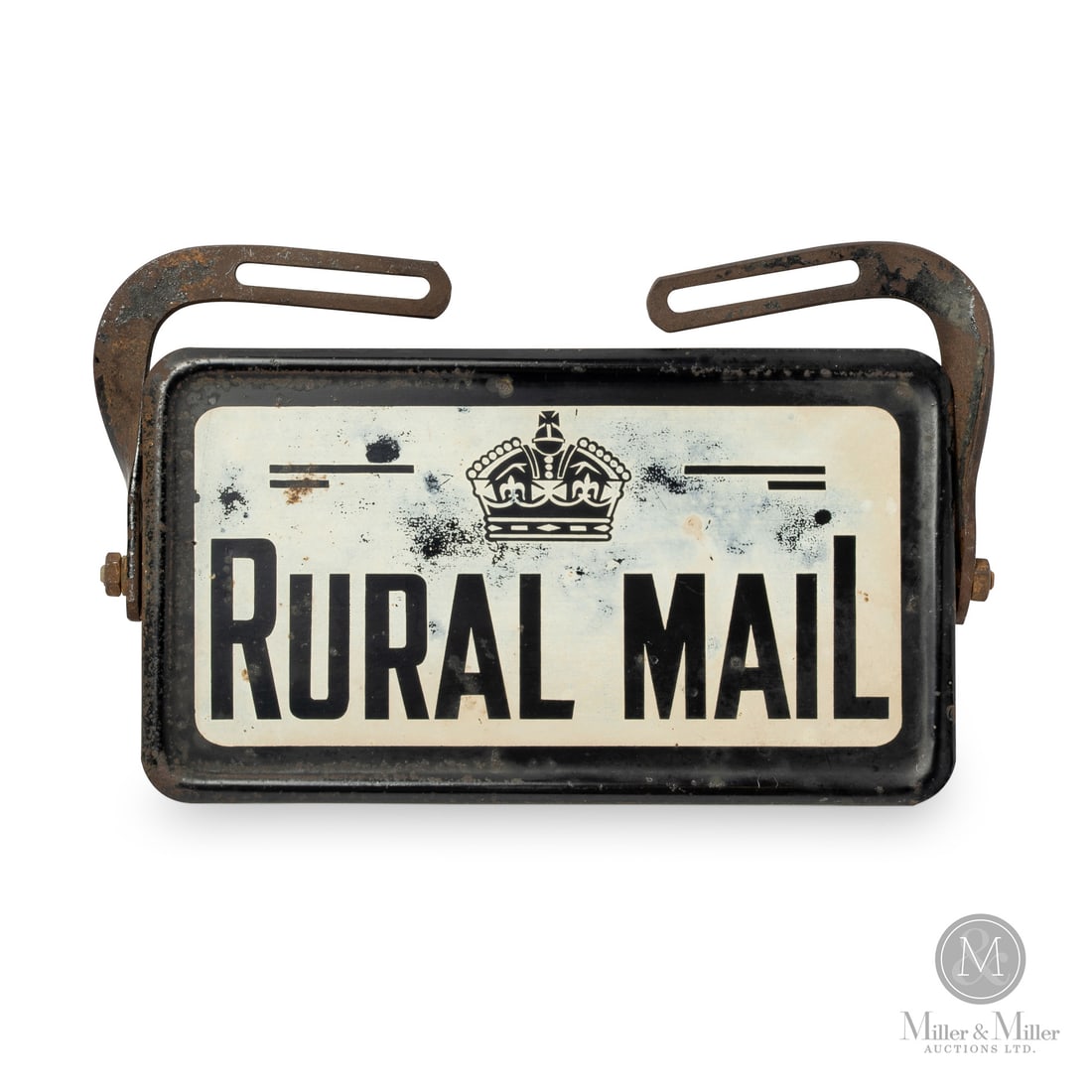 Rural Mail Vehicle Attachment: Made in Canada. 1946 - 1952. Single-sided painted metal (SSPM). Pre-Coronation (pre-1953) showing the King's crown. Designed for rural mail service vehicle. Plate swivels for when vehicle is out of