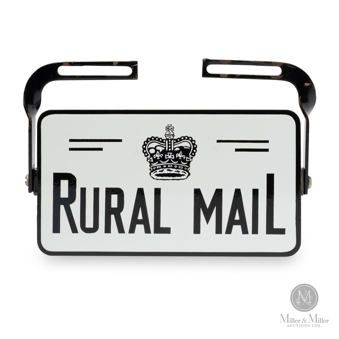Rural Mail Vehicle Attachment: Made in Canada. 1953 – 1968. Single-sided porcelain (SSP). Post-Coronation (post-1953) showing the Queen's crown. Designed for rural mail service vehicle. Plate swivels for when vehicle is out