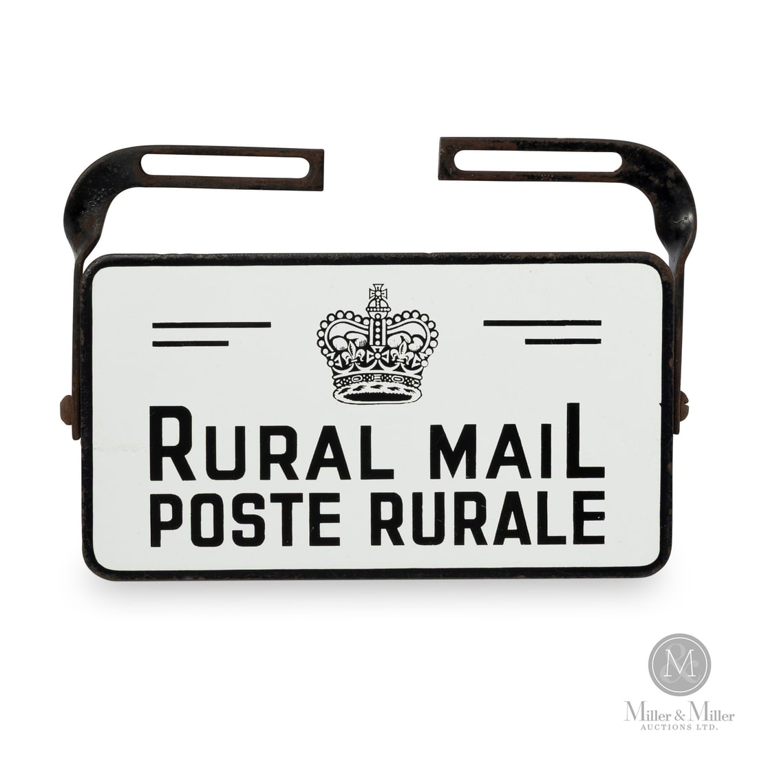 Rural Mail Poste Rurale Vehicle Attachment: Made in Canada. 1953 – 1968. Single-sided porcelain (SSP). Post-Coronation (post-1953) showing the Queen's crown. Made for the French Canadian market. Designed for rural mail service vehicle.