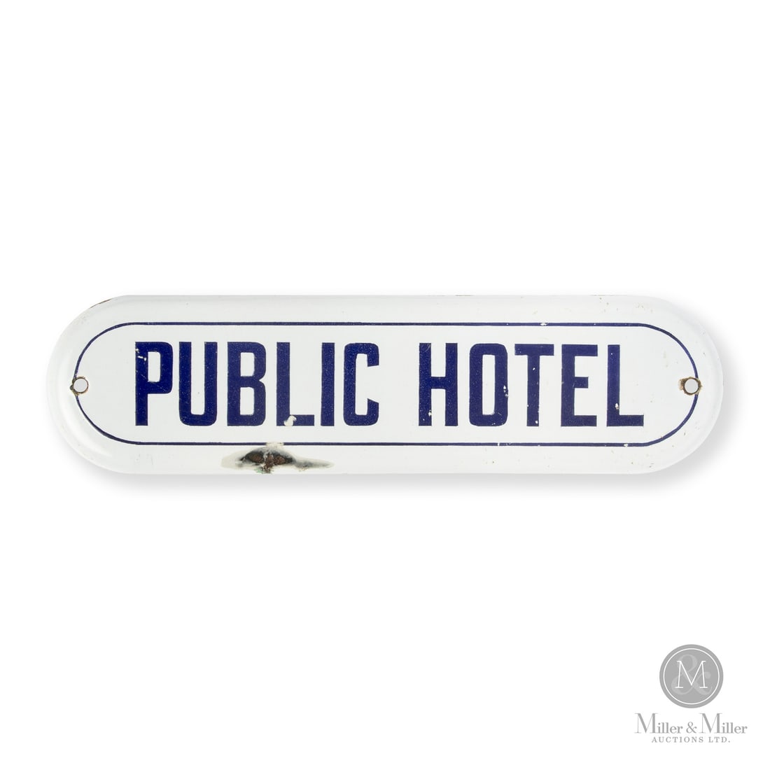 Public Hotel Door Plaque Sign: Made in Canada. 1930 - 1940. Single-sided porcelain (SSP). Die cut, rolled edge. Unmarked. Authenticated by The Authentication Company (TAC #501748). All items are guaranteed authentic by Miller &