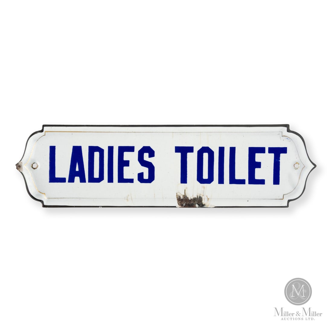 Ladies Toilet Door Plaque Sign: Made in Canada. 1930 - 1940. Single-sided porcelain (SSP). Die cut, rolled edge. Unmarked. Authenticated by The Authentication Company (TAC #501747). All items are guaranteed authentic by Miller &