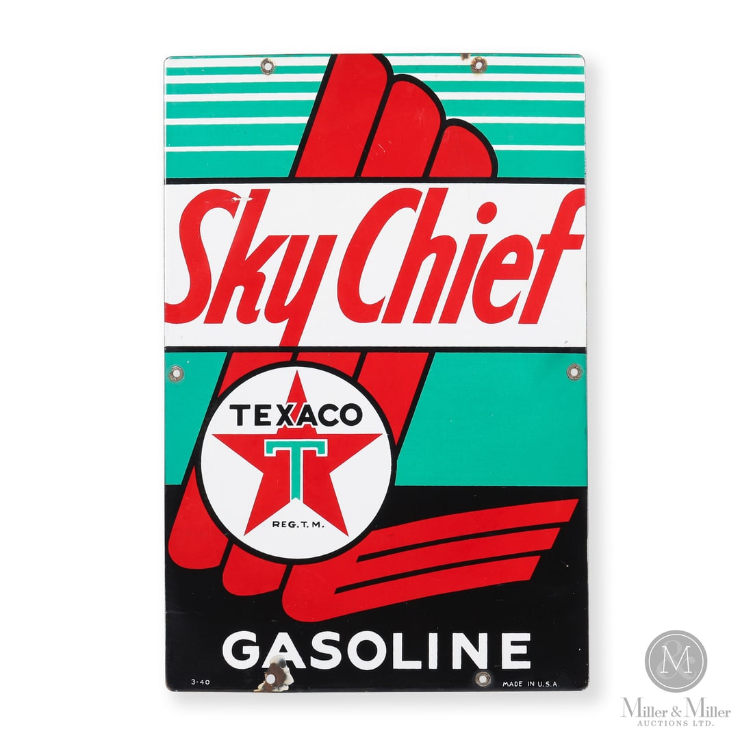 Texaco Sky Chief Gasoline 1940 Pump Sign: Made in U.S.A. 1940. Single-sided porcelain (SSP). Early Sky Chief design from the first years of porcelain pump plates. Marked, "3-40" lower left edge and "MADE IN USA" lower right edge.