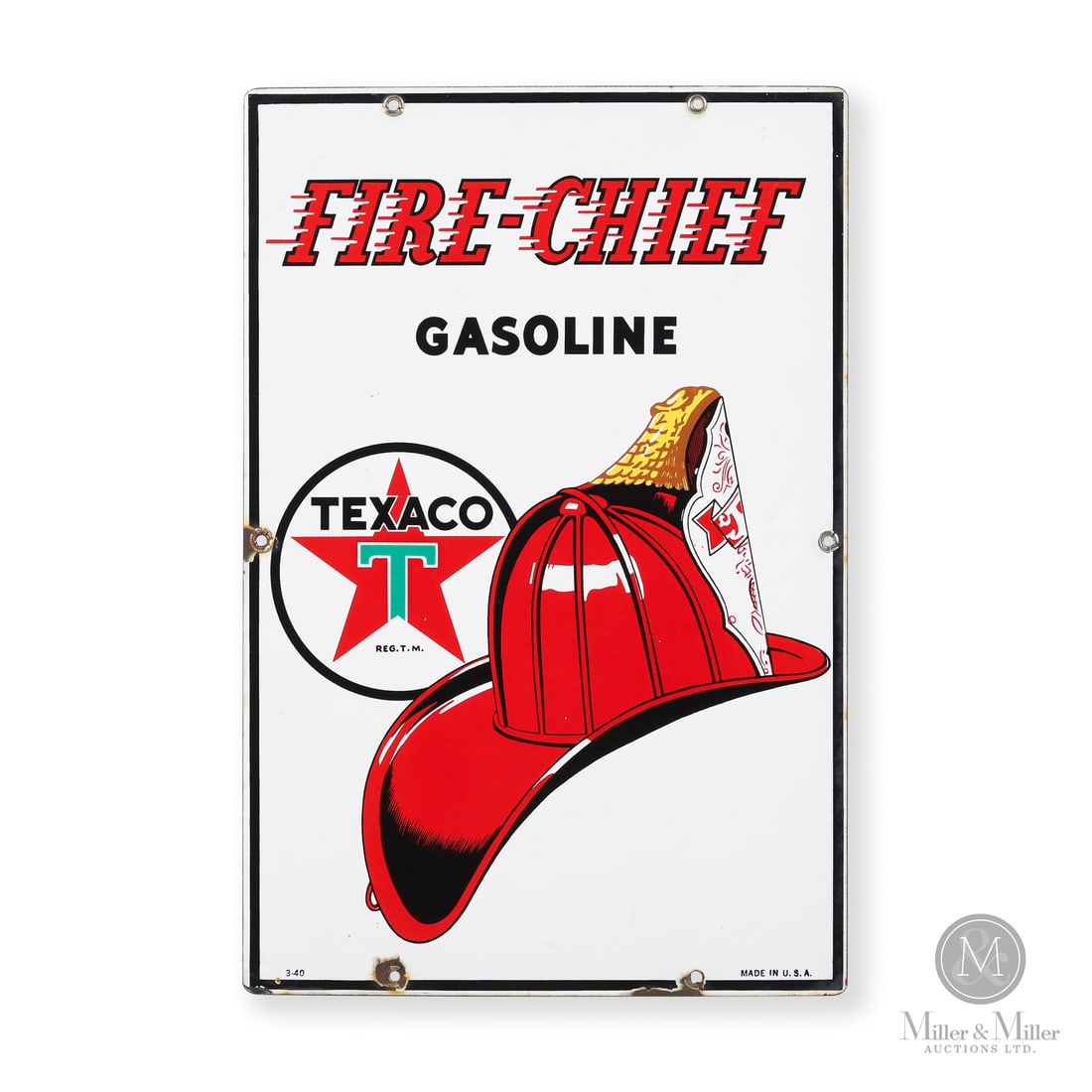 Texaco Fire-Chief Gasoline 1940 Pump Sign: Made in U.S.A. 1940. Single-sided porcelain (SSP). Early hyphenated “Fire-Chief” design from the first year of porcelain pump plates. Marked, "3-40" lower left edge and "MADE IN USA" lower