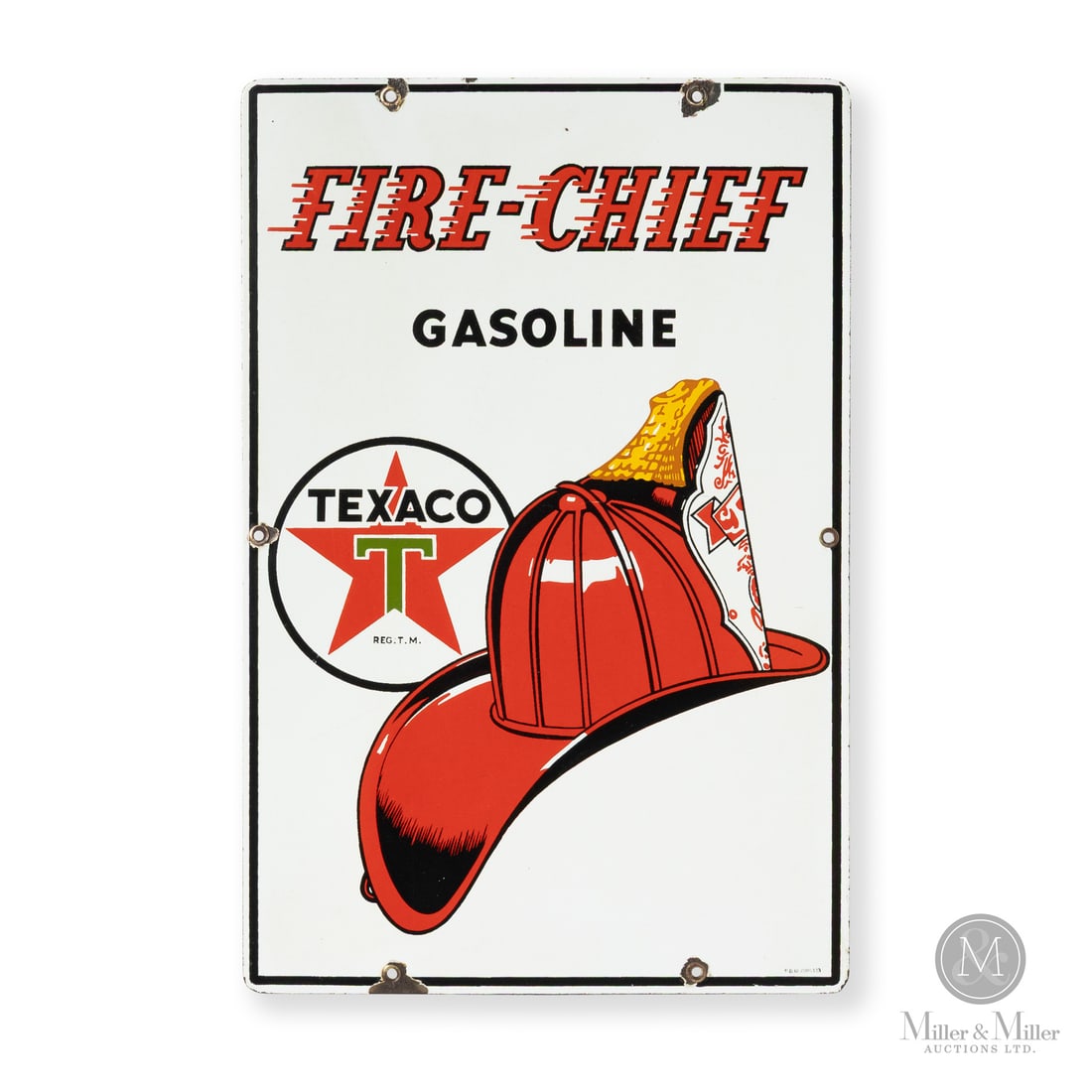 Texaco Fire-Chief Gasoline Pump Sign: Made in Canada. 1946-1973. Single-sided porcelain (SSP). The Fire Chief brand was introduced in 1932 as a super-octane fuel. It was marketed as being the same high-performance fuel used by U.S.