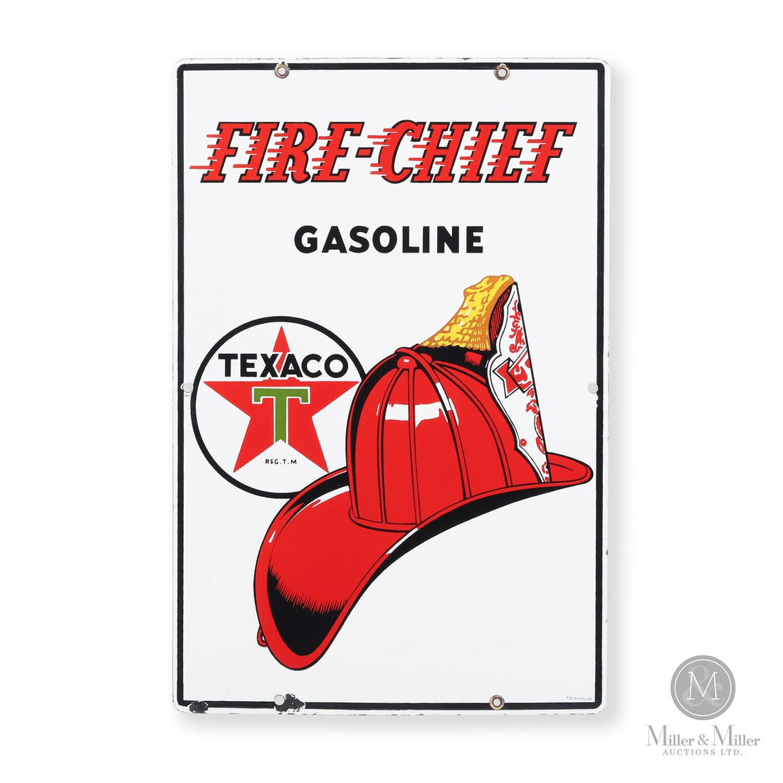 Texaco Fire-Chief Pump Sign: Made in Canada. 1946-1965. Single-sided porcelain (SSP). Hyphenated version. The Fire Chief brand was introduced in 1932 as a super-octane fuel. It was marketed as being the same high-performance