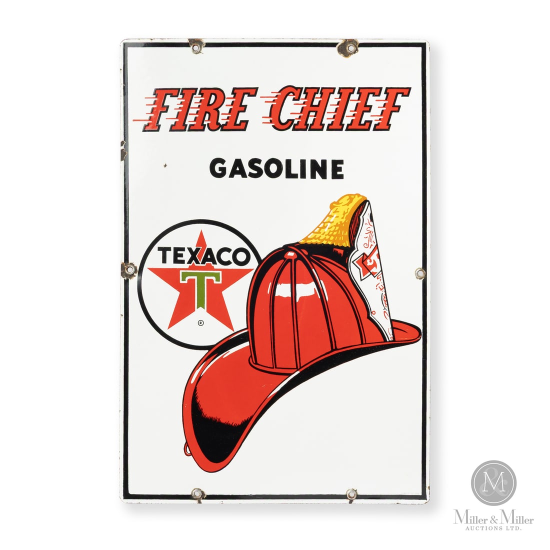 Texaco Fire Chief Gasoline 1964 Pump Sign: Made in Canada. 1964. Single-sided porcelain (SSP). The Fire Chief brand was introduced in 1932 as a super-octane fuel. It was marketed as being the same high-performance fuel used by U.S. Government 