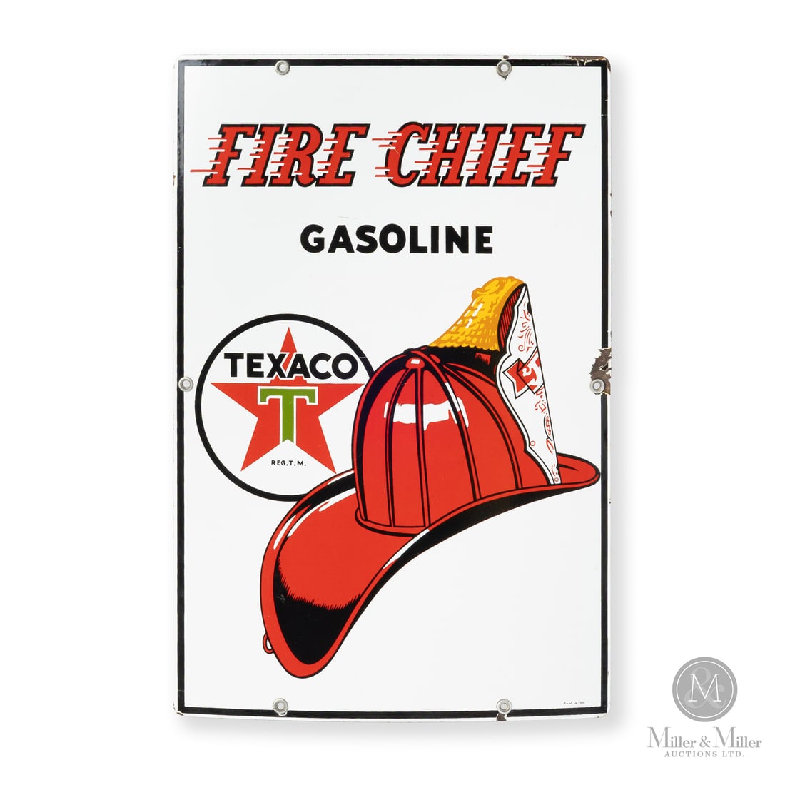 Texaco Fire Chief Gasoline 1960 Pump Sign: Made in Canada. 1960. Single-sided porcelain (SSP). The Fire Chief brand was introduced in 1932 as a super-octane fuel. It was marketed as being the same high-performance fuel used by U.S. Government 
