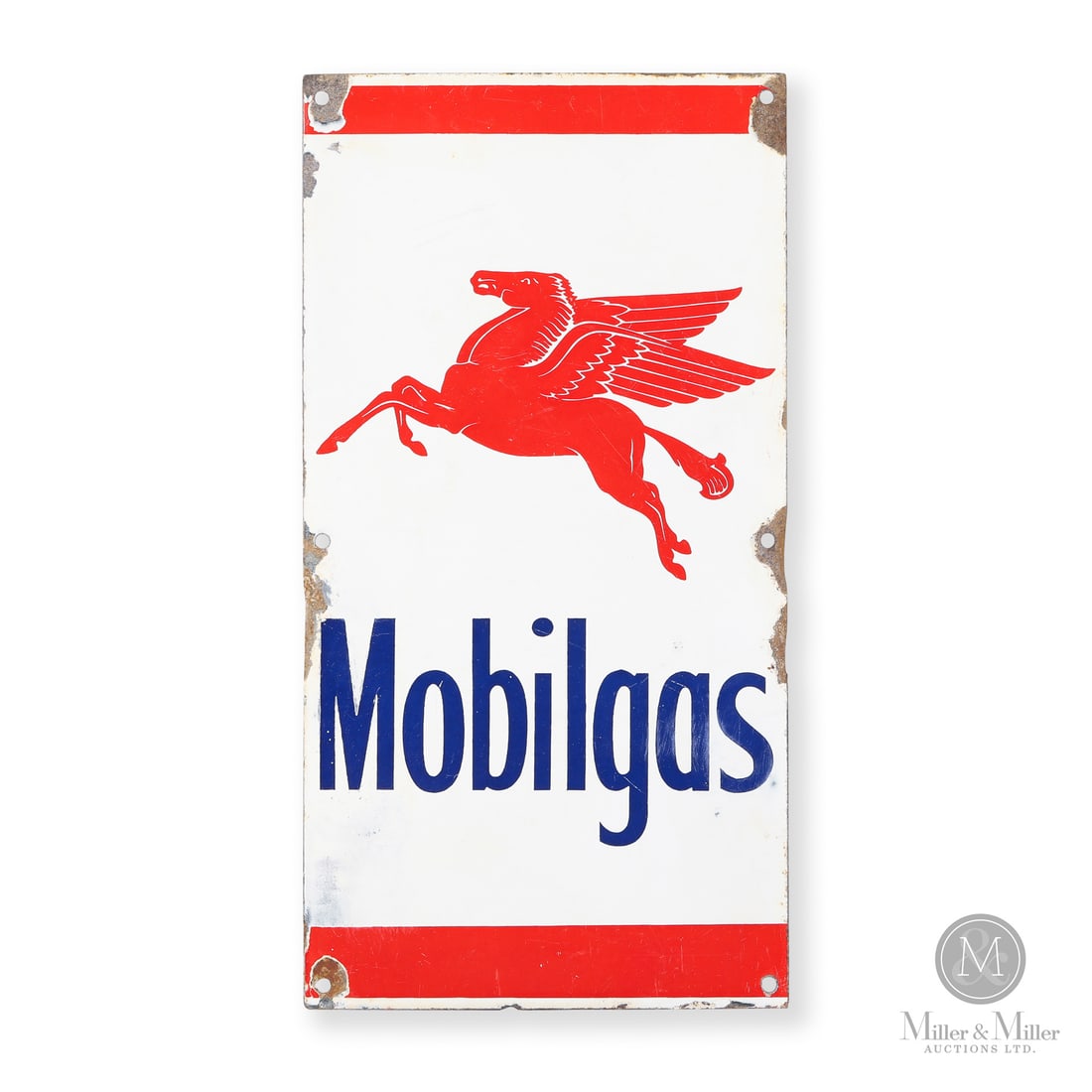 Mobilgas Flying Pegasus Pump Sign: Made in U.S.A. 1950 - 1960. Single-sided porcelain (SSP). The Pegasus was Mobil’s iconic symbol throughout the 1950s on pump plates and station signage. Unmarked. Authenticated by The Authentica