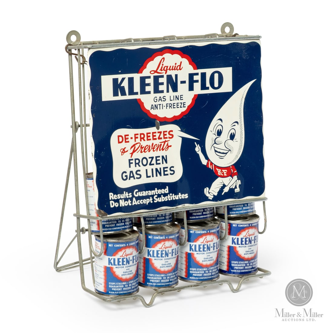 Kleen-Flo Gas Line Anti-Freeze Countertop Display: Made in Canada. 1950 - 1960. Lithographed Tin. Some cans are marked "CCC-54". All items are guaranteed authentic by Miller & Miller Auctions. All purchases are eligible for free delivery to the Fall