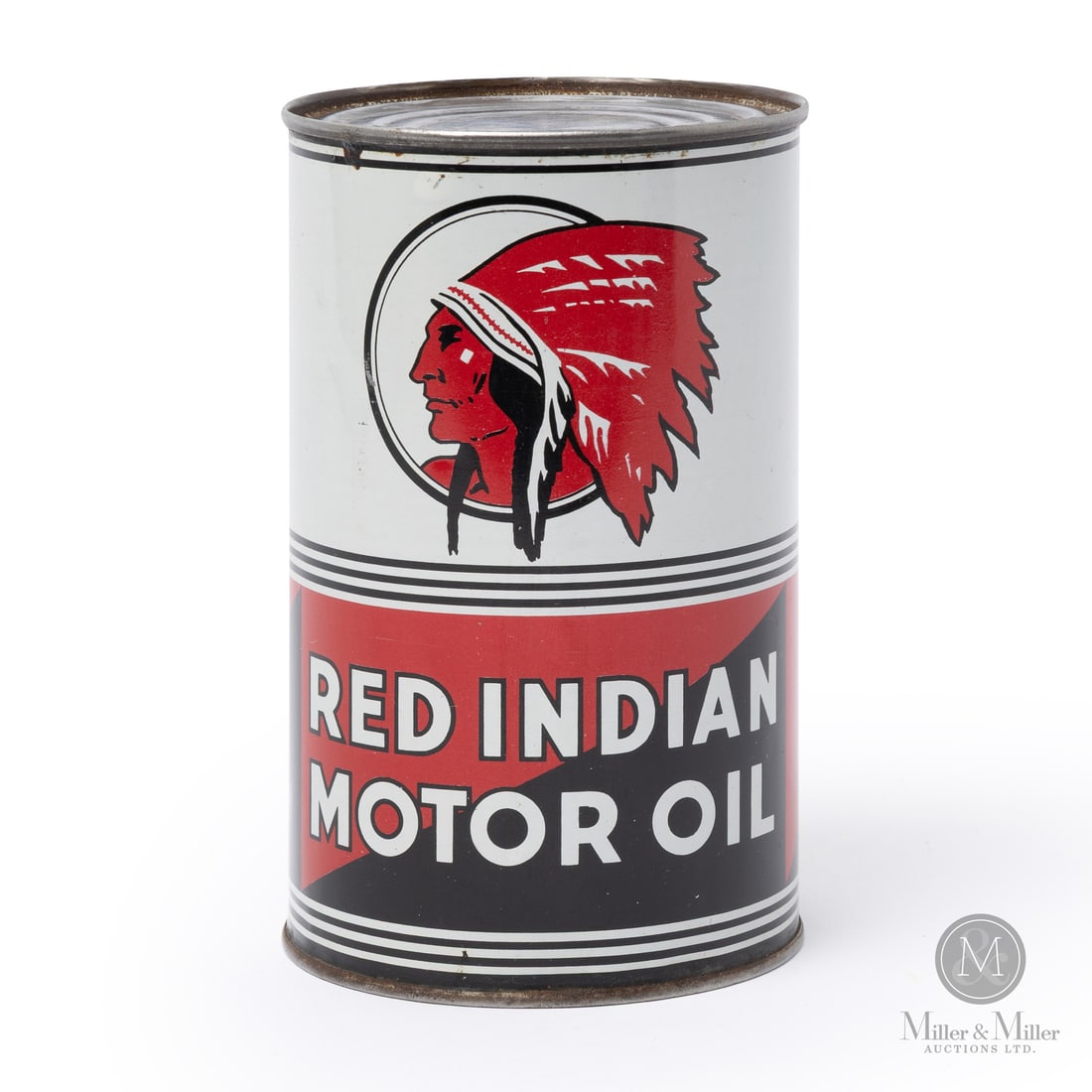 Red Indian Motor Oil Imperial Quart Can: Made in Canada. 1930 - 1940. Lithographed Tin. Rare English-only version. Marked, "A.C.CO 29A" lower edge next to seam. Authenticated by The Authentication Company (TAC #402747). All items are guarant