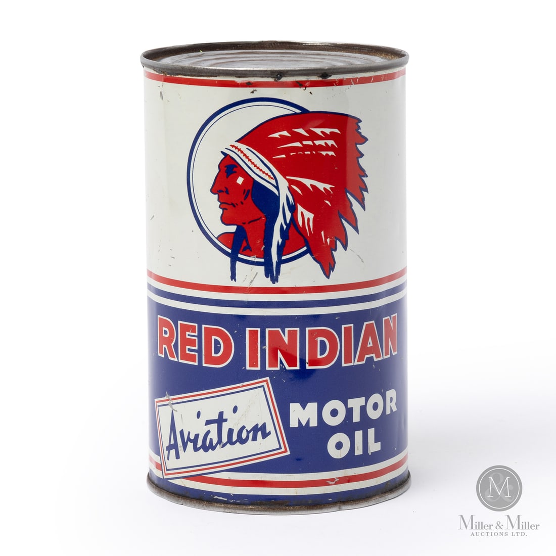 Red Indian Aviation Motor Oil Imperial Quart Can: Made in Canada. 1930 - 1940. Lithographed Tin. Rare English-only version. Marked, "A.C.CO 31A" lower edge next to seam. Authenticated by The Authentication Company (TAC #402748). All items are guarant
