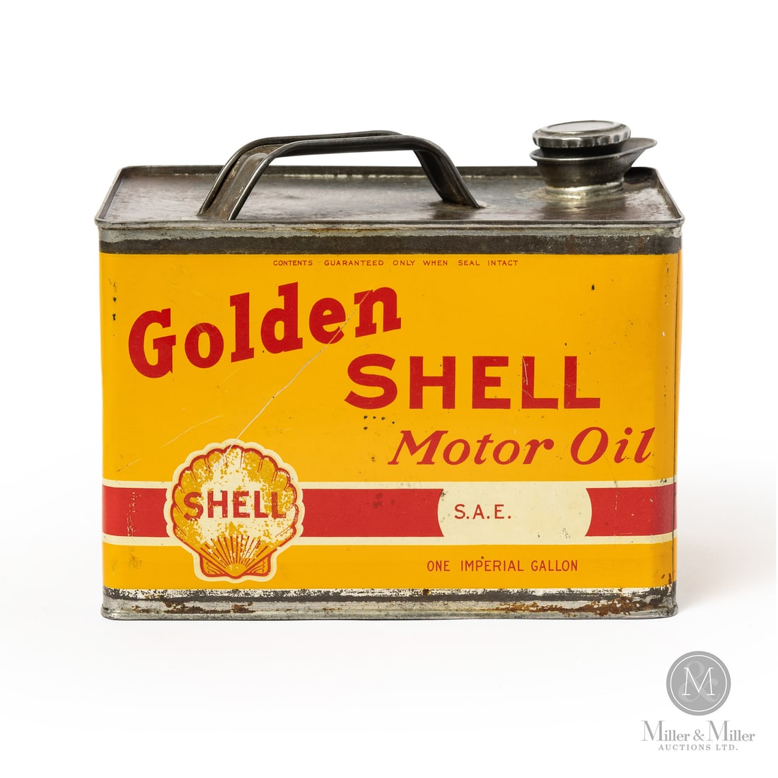 Golden Shell Motor Oil Imperial Gallon Tin: Made in Canada. 1925 - 1935. Lithographed Tin. Macdonald Manufacturing Co. was acquired by General Steel Wares (GSW) in 1927 but continued to use the M.M. Co. branding into the 1930s. Marked, "M.M.