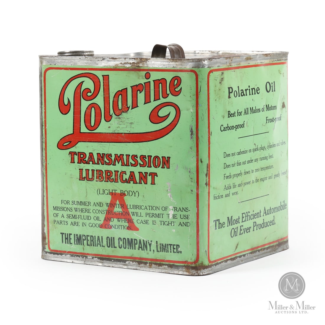 Imperial Oil Company Polarine Transmission Lubricant 25 lb. Tin: Made in Canada. 1920–1930. Lithographed Tin. Lubricant "A" light body. Polarine Transmission Lubricant was a key Imperial/Standard Oil product for transmissions/differentials; large 25 lb size