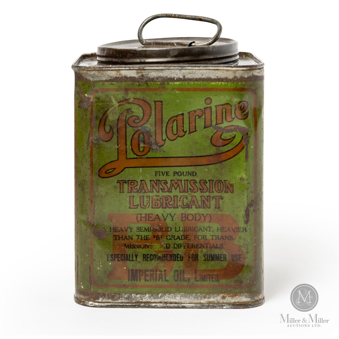 Imperial Oil Polarine Transmission Lubricant 5 lb Tin: Made in Canada. 1920 - 1930. Lithographed Tin. Smaller companion to the larger 25 lb Polarine transmission tins of the era. Unmarked. Authenticated by The Authentication Company (TAC #501696). All