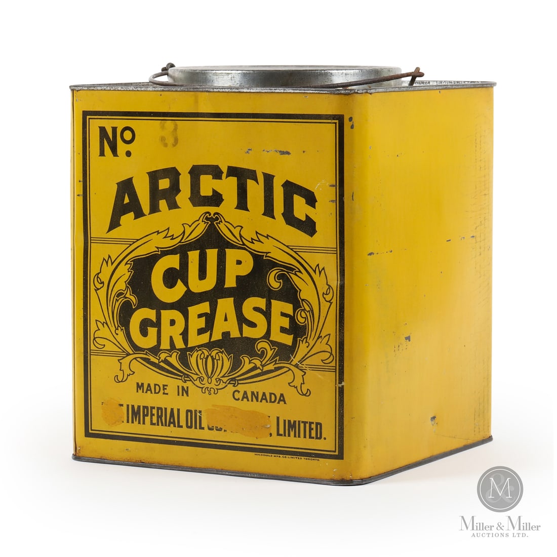 Imperial Oil Company No. 3 Arctic Cup Grease 25 lb. Tin: Made in Canada. 1921–1930. Lithographed Tin. The "Arctic” trademark was first used by Imperial Oil in Canada during 1921. No. 3 Arctic Cup Grease was a lubricant for automotive/tractor par