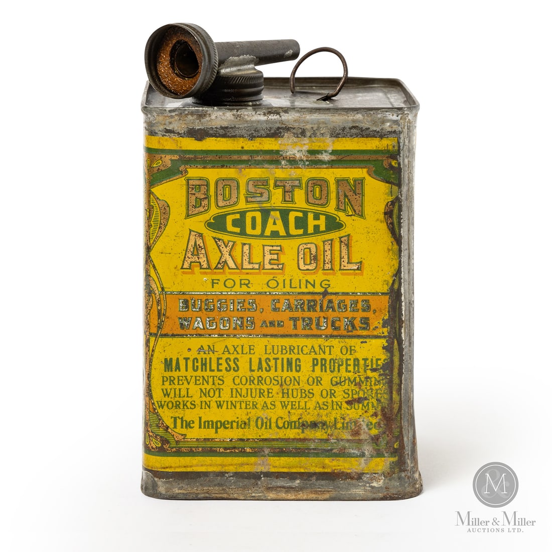 Imperial Oil Company Boston Coach Axle Oil Tin: Made in Canada. 1920 - 1930. Lithographed Tin. Specialized axle oil for coach/wagon use. Marked, "MACDONALD MFG CO LIMITED TORONTO." lower edge. Authenticated by The Authentication Company (TAC #50169