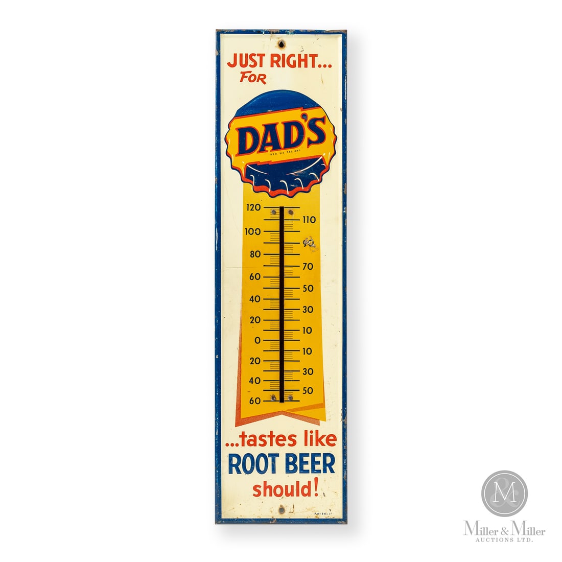 Dad's Root Beer Thermometer: Made in U.S.A. 1950 - 1960. Single-sided tin (SST). Embossed, return edge. Embossed. Dad's utilized their bottle cap logo for advertising campaigns throughout the 1950's and into the 1960's. Earlier