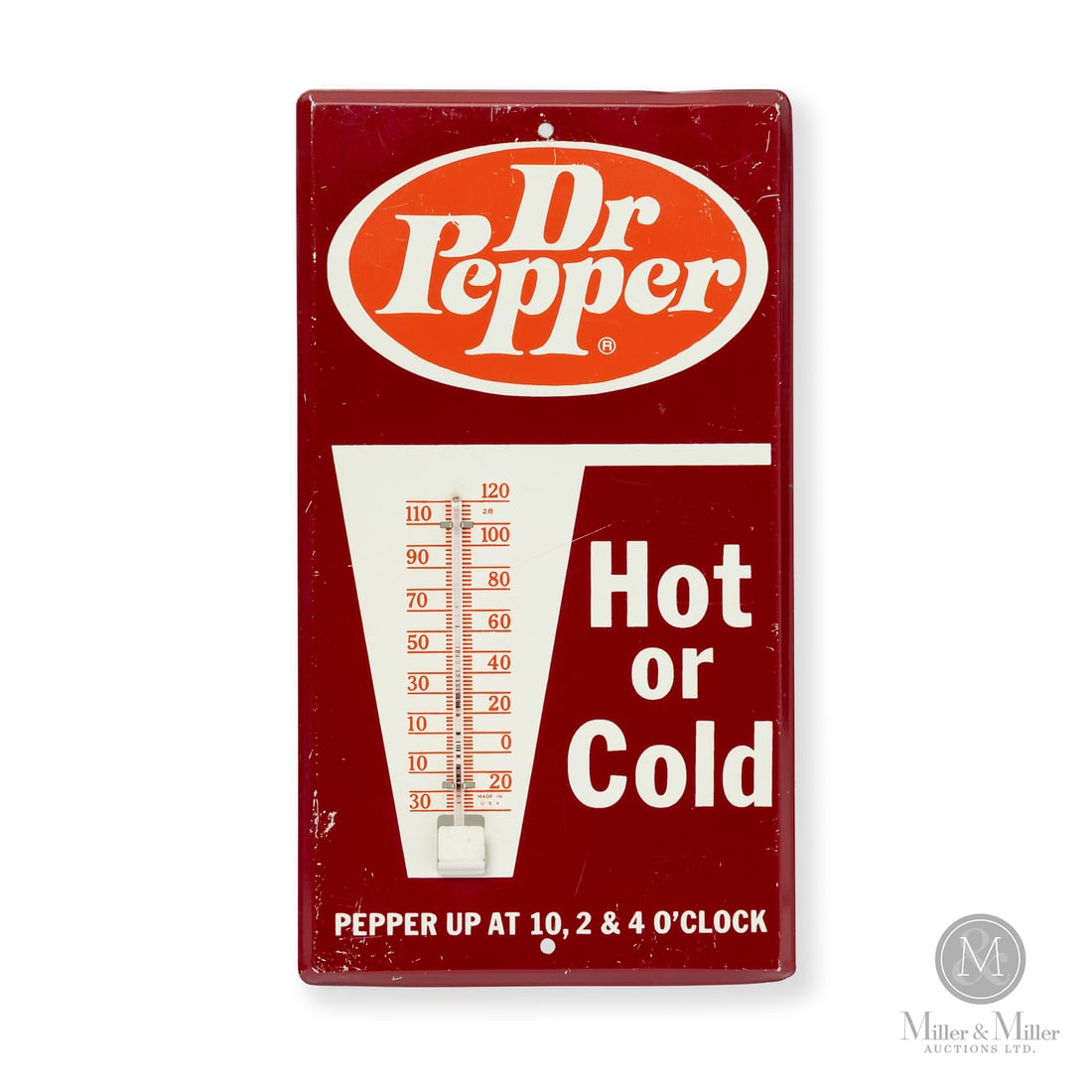 Dr. Pepper Hot Or Cold Thermometer: Made in U.S.A. 1971 - 1984. Single-sided tin (SST). Featuring the "Pepper up at 10, 2 & 4 o'clock" slogan. Unmarked. Authenticated by The Authentication Company (TAC #402740). All items are
