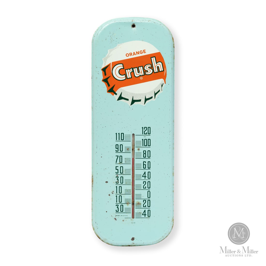 Orange Crush Bottle Cap Thermometer: Made in U.S.A. 1955 - 1969. Single-sided tin (SST). Rolled edge, die cut. Orange Crush commissioned this style of thermometer in green and blue with this being the blue variation. Marked, "MADE IN U.S