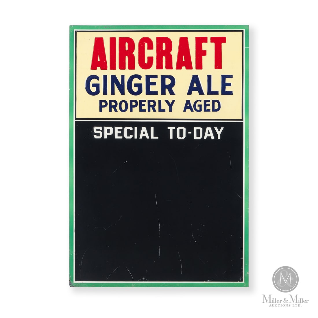 Aircraft Ginger Ale Menu Board: Made in U.S.A. 1940 - 1950. Single-sided tin (SST). Embossed. Produced out of Stratford, Connecticut. Unmarked. Authenticated by The Authentication Company (TAC #402684). All items are guaranteed