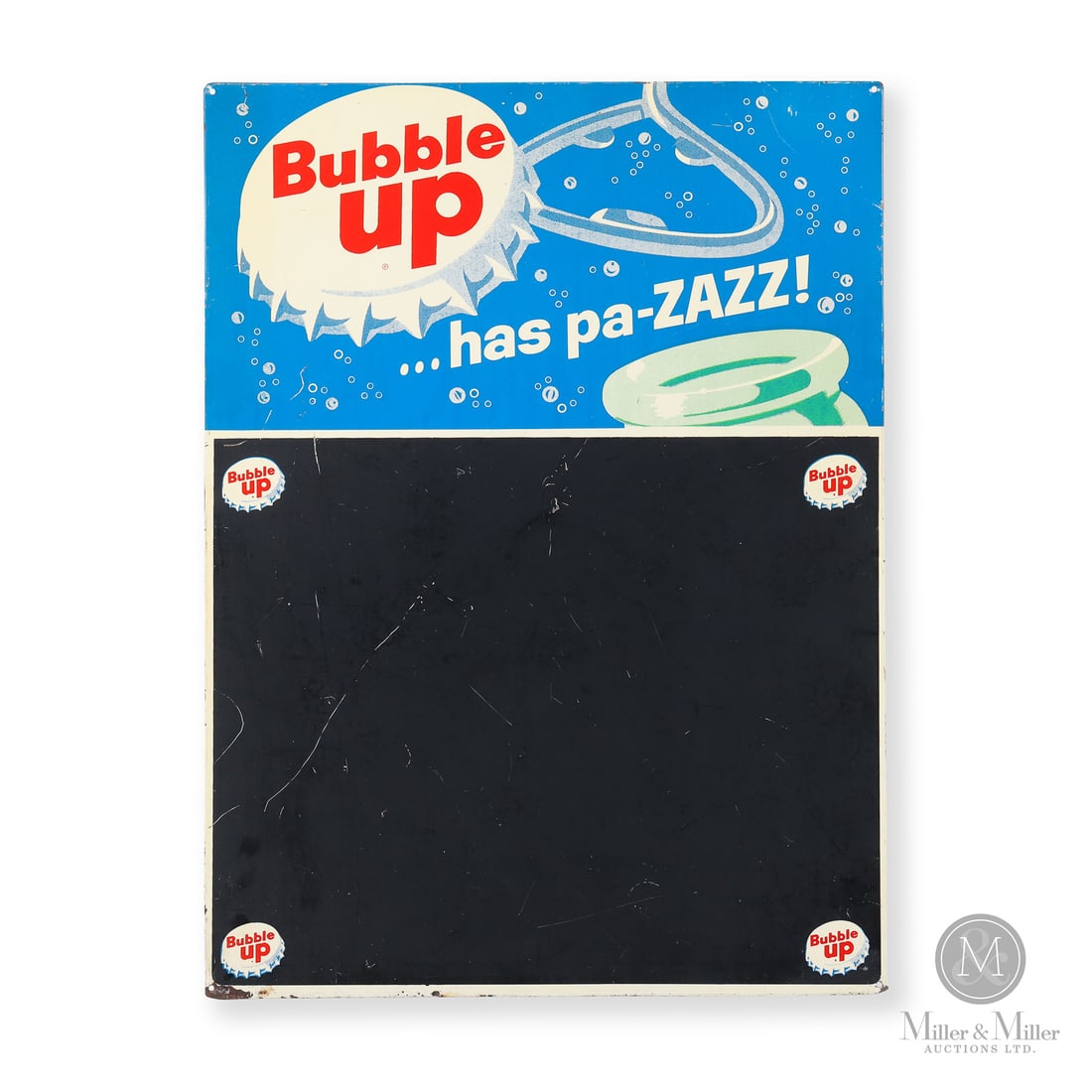 Bubble Up Menu Board Sign: Made in U.S.A. 1962 - 1970. Single-sided tin (SST). Featuring the "has pa-ZAZZ!" slogan. Marked, "PRINTED IN U.S.A." on reverse. Authenticated by The Authentication Company (TAC #402741). All items