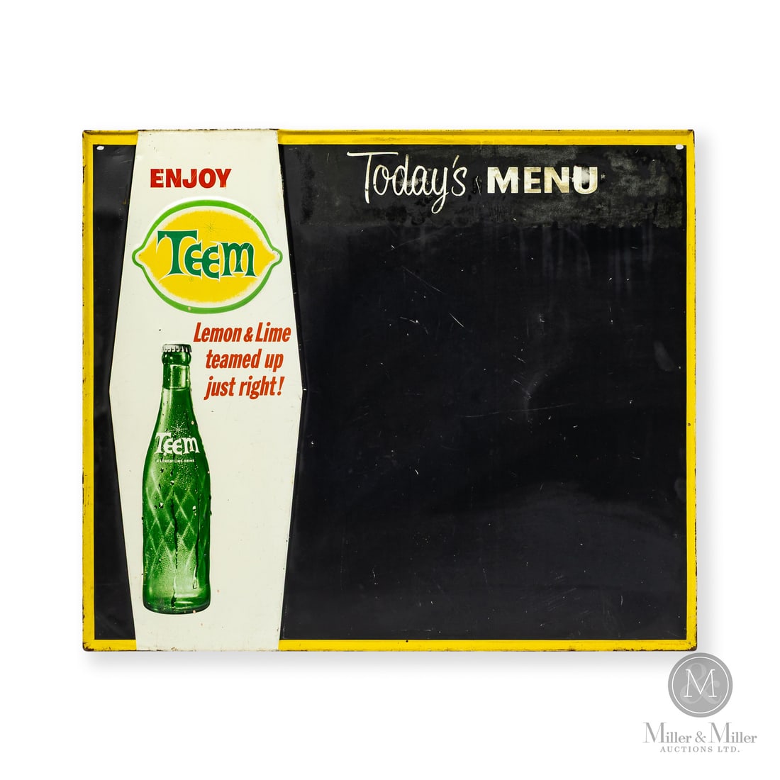 Teem Soda Menu Board: Made in U.S.A. 1959 - 1970. Single-sided tin (SST). Embossed. Marked, "T-503 MADE IN U.S.A. CMSC" lower right. Authenticated by The Authentication Company (TAC #402715). All items are guaranteed