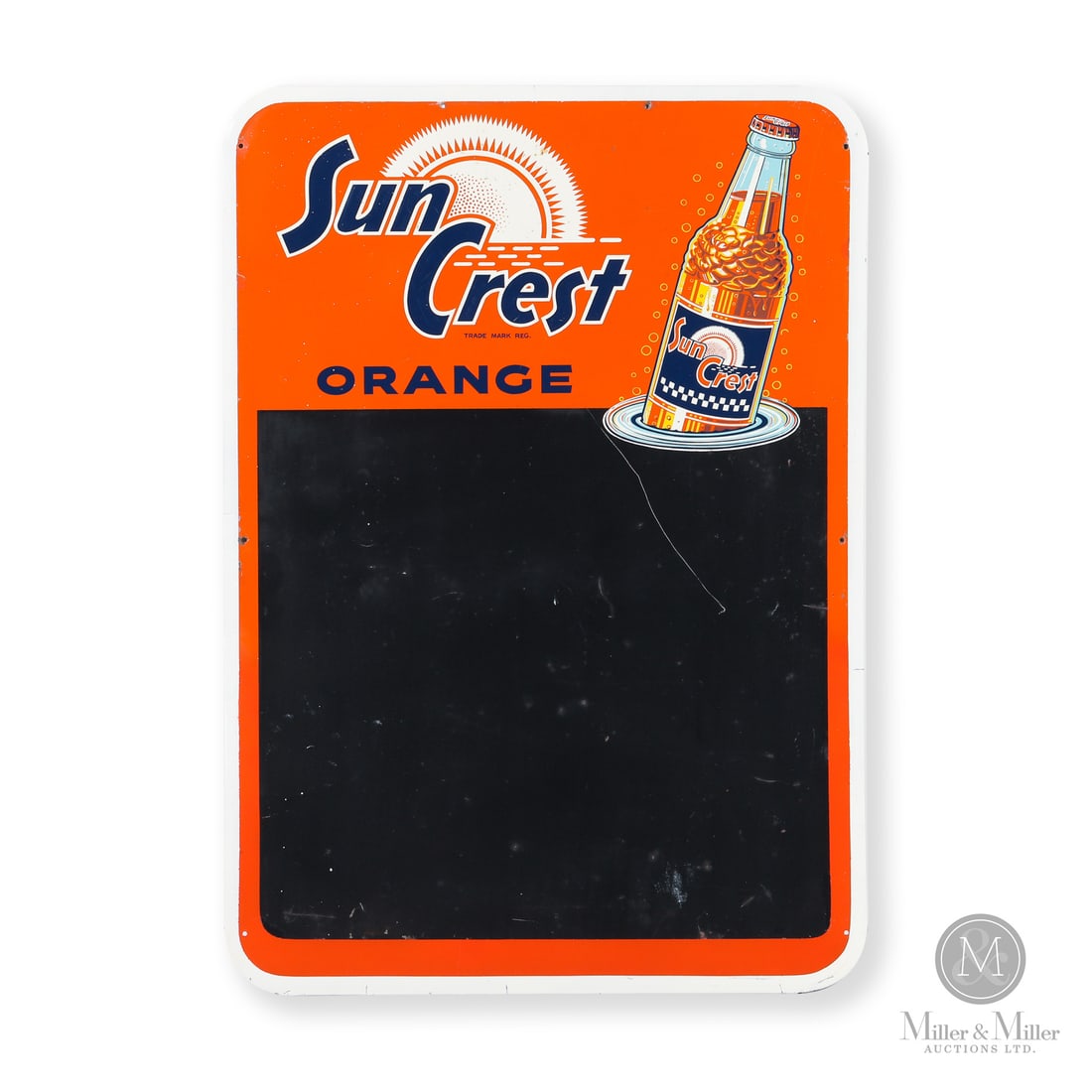 Sun Crest Orange Menu Board: Made in Canada. 1954 - 1959. Single-sided tin (SST). Embossed. Featuring the modern sunburst bottle introduced in 1954. Unmarked. Authenticated by The Authentication Company (TAC #402685). All items
