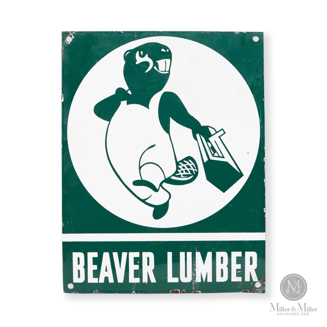 Beaver Lumber Hardware Store Sign: Made in Canada. 1951 - 1959. Single-sided porcelain (SSP). Unlike the exterior building versions that feature a prominent white border, this scarce regional variation features a solid green field