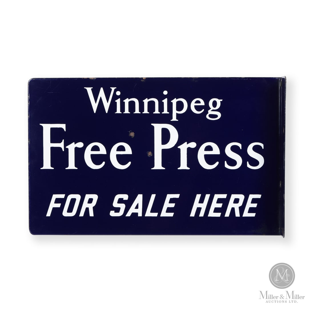 Winnipeg Free Press Flange Sign: Made in Canada. 1931 - 1941. Double-sided porcelain (DSP). Starting out as the Manitoba Free Press, the company rebranded to the Winnipeg Free Press in 1931. Unmarked. Authenticated by The Authenticat