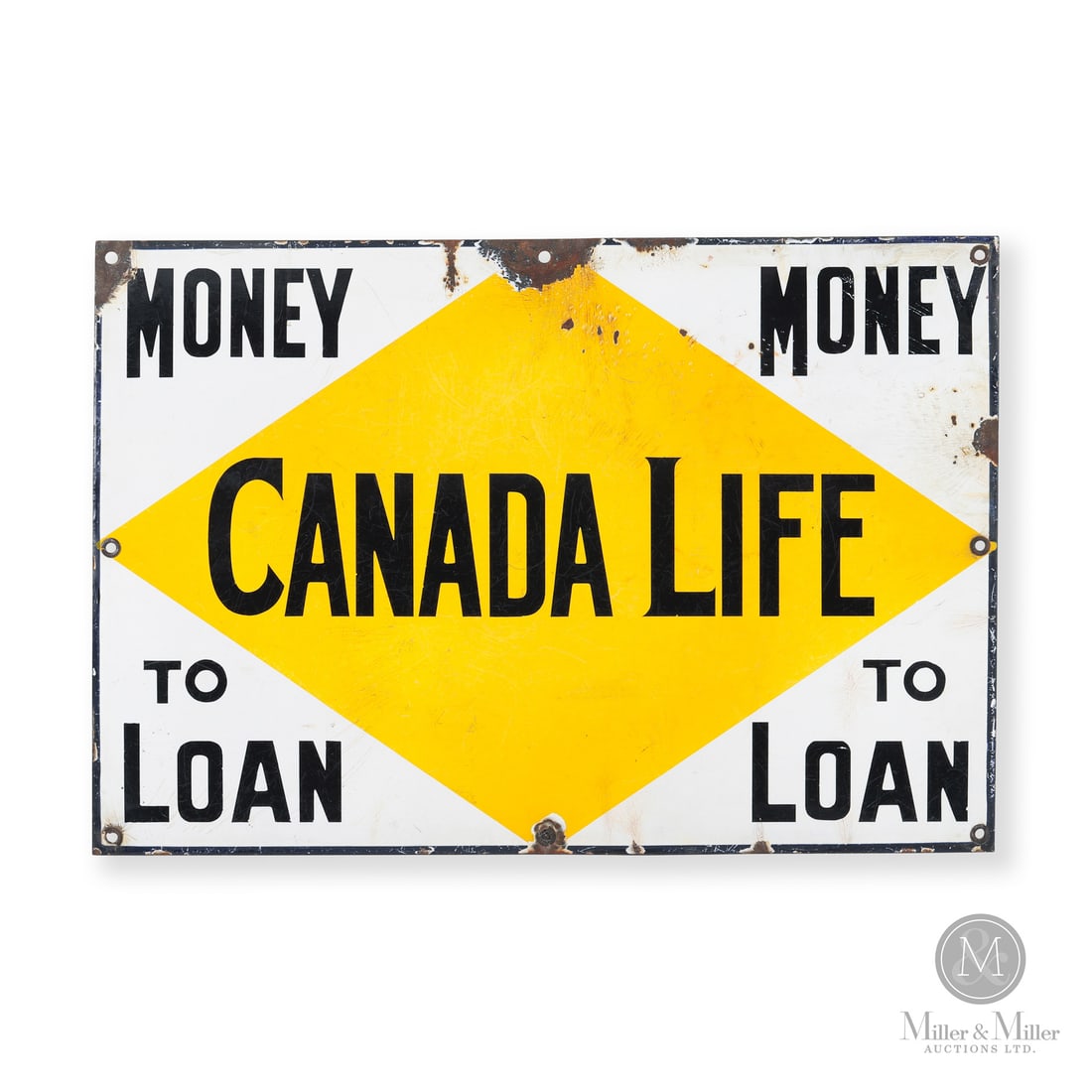 Canada Life Insurance Sign: Made in Canada. 1920 - 1930. Single-sided porcelain (SSP). The Canada Life Assurance Company was founded in 1847 by banker Hugh Cossart Baker Sr. in Hamilton, Ontario, making it Canada's very first