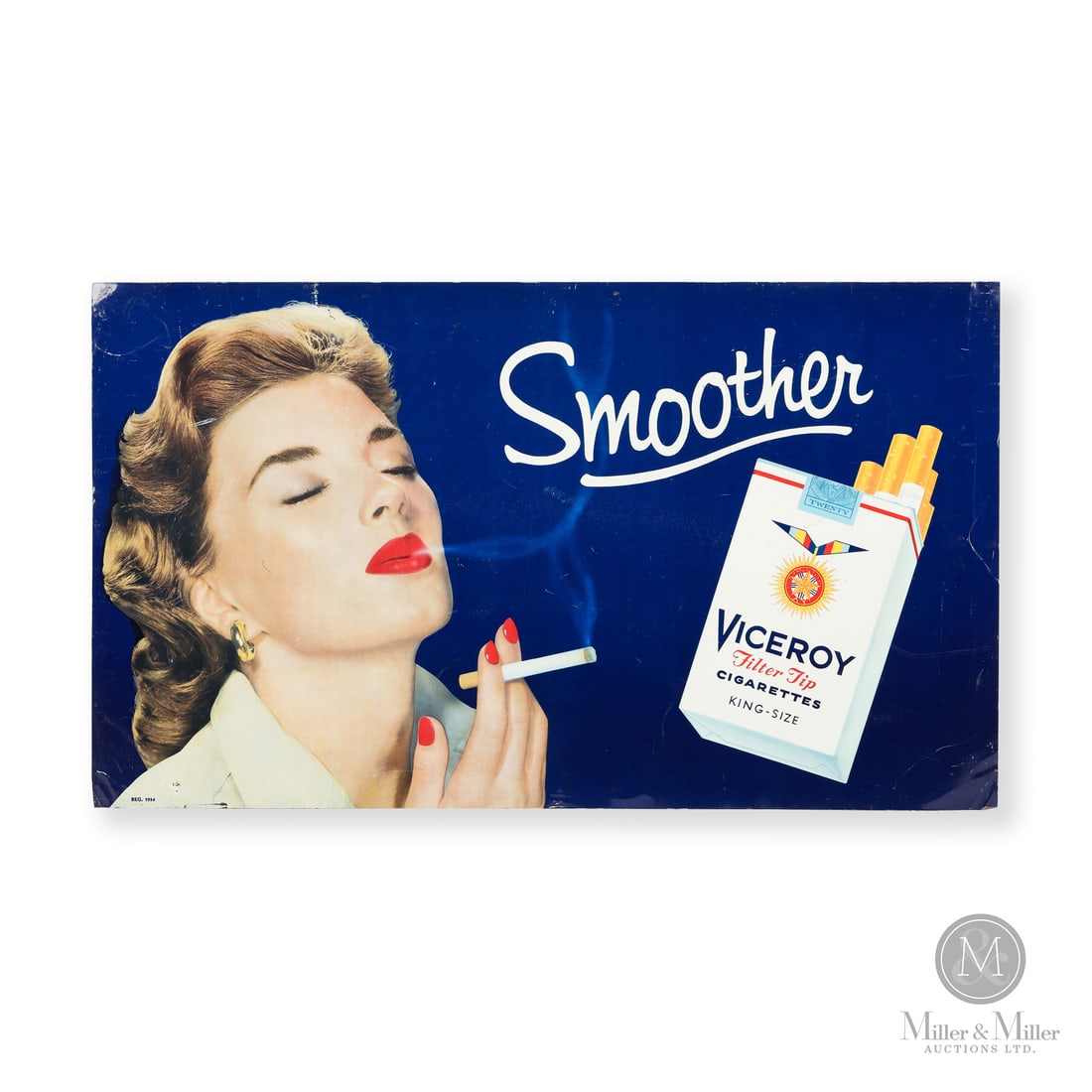 Viceroy Cigarettes Sign: Made in U.S.A. 1954. Single-sided tin (SST). Featuring an image of the product in use. Marked, "REG. 1954" lower left. Authenticated by The Authentication Company (TAC #402703). All items are