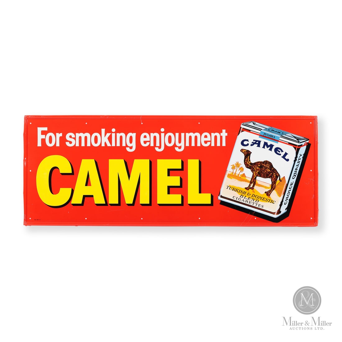 Camel Cigarettes Sign: Made in U.S.A. 1960 - 1970. Single-sided tin (SST). Embossed, self framed. Marked, "No. 984-C" lower left. Authenticated by The Authentication Company (TAC #402722). All items are guaranteed