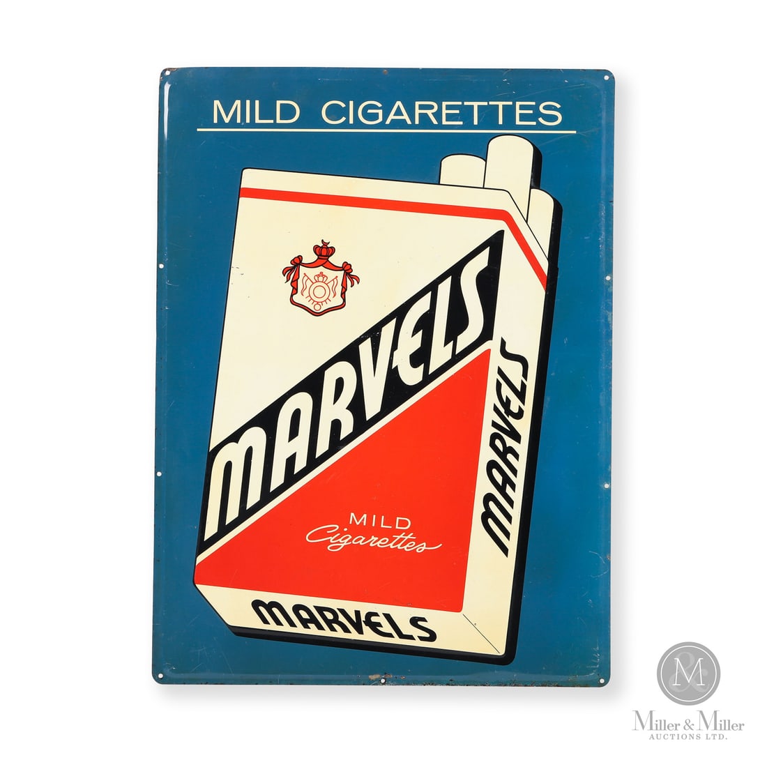 Marvels Cigarettes Sign: Made in U.S.A. 1932 - 1950. Single-sided tin (SST). Embossed. Unmarked. Authenticated by The Authentication Company (TAC #501765). All items are guaranteed authentic by Miller & Miller Auctions. All