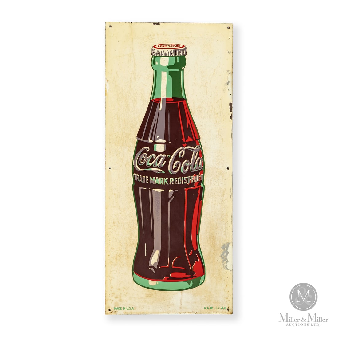 Coca-Cola Bottle Sign: Made in U.S.A. 1948. Single-sided tin (SST). Marked, "MADE IN U.S.A." lower left edge and "A,A,W, 12-48" lower right edge. Authenticated by The Authentication Company (TAC #402784). All items are