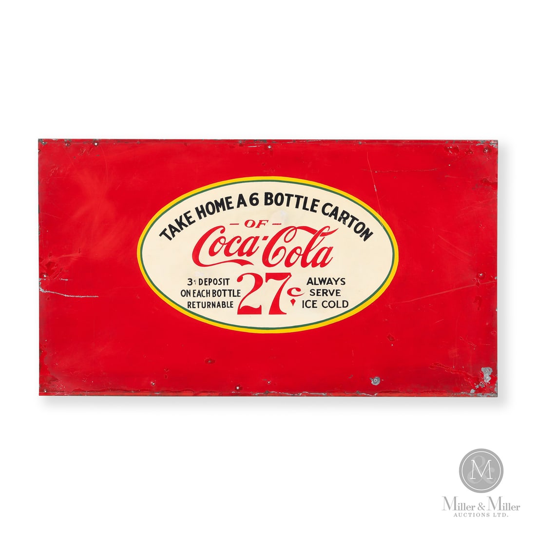 Coca-Cola Cooler Panel Sign: Made in Canada. 1938-1940. Single-sided tin (SST). Take Home a 6 Bottle Carton. The 6 bottle carton for 27c campaign launched in 1938 to entice consumers to purchase the product for at home use.