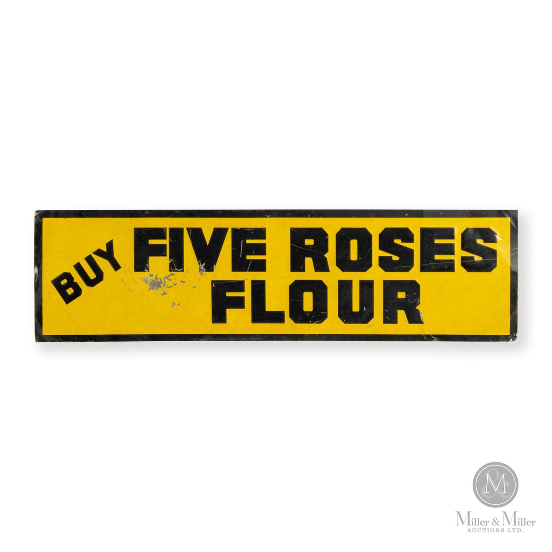 Five Roses Flour Tin Tacker Sign: Made in Canada. 1925-1935. Single-sided tin (SST). Embossed. Features the early block lettering that was phased out of Five Roses Flour advertising in the mid 1930's. Unmarked. Authenticated by The Au