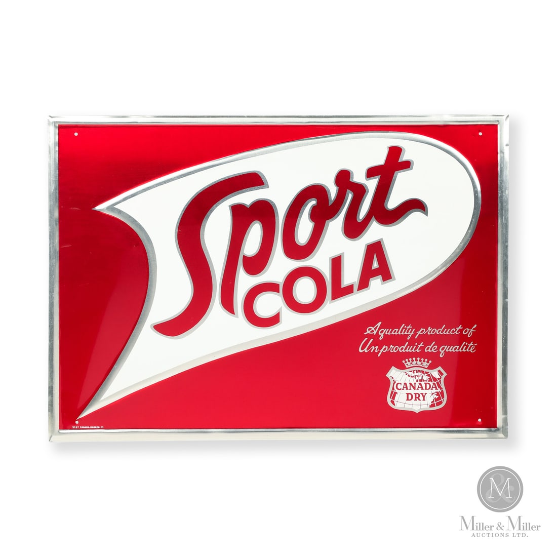 Canada Dry Sport Cola Sign: Made in Canada. 1972. Single-sided aluminium (SSA). Embossed. Sport Cola fell under the Canada Dry portfolio. Marked, "3157 CANADA- BARKER-72" lower left. Authenticated by The Authentication Company