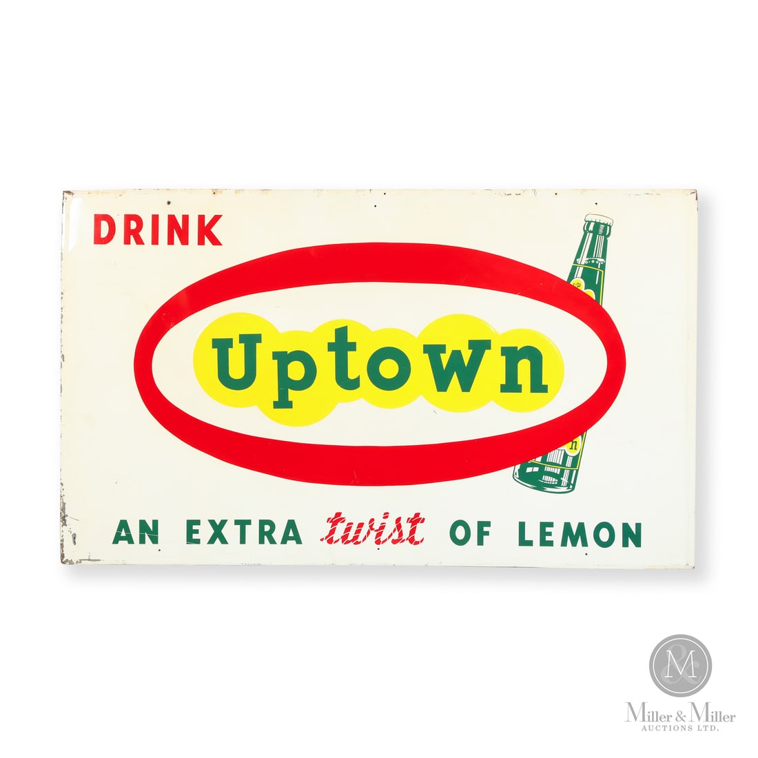 Uptown An Extra Twist of Lemon Sign: Made in Canada. 1965. Single-sided tin (SST). Embossed. Marked, "BARKER - 65" lower left. Authenticated by The Authentication Company (TAC #402802). All items are guaranteed authentic by Miller &