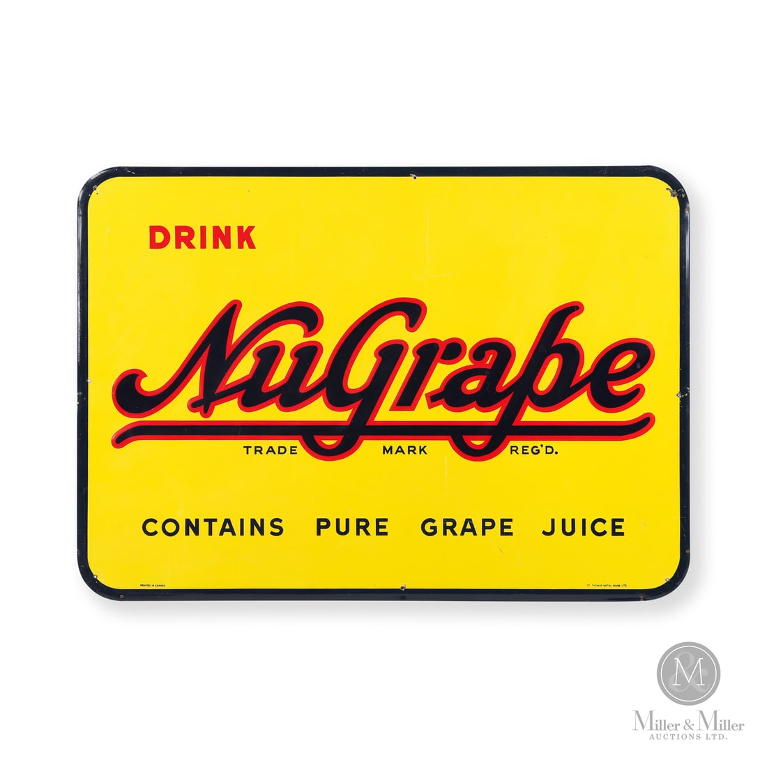 NuGrape Soda Sign: Made in Canada. 1940 - 1950. Single-sided tin (SST). Embossed. Contains pure grape juice. The National NuGrape Company was formally incorporated 1933 in Atlanta. The company grew rapidly by selling