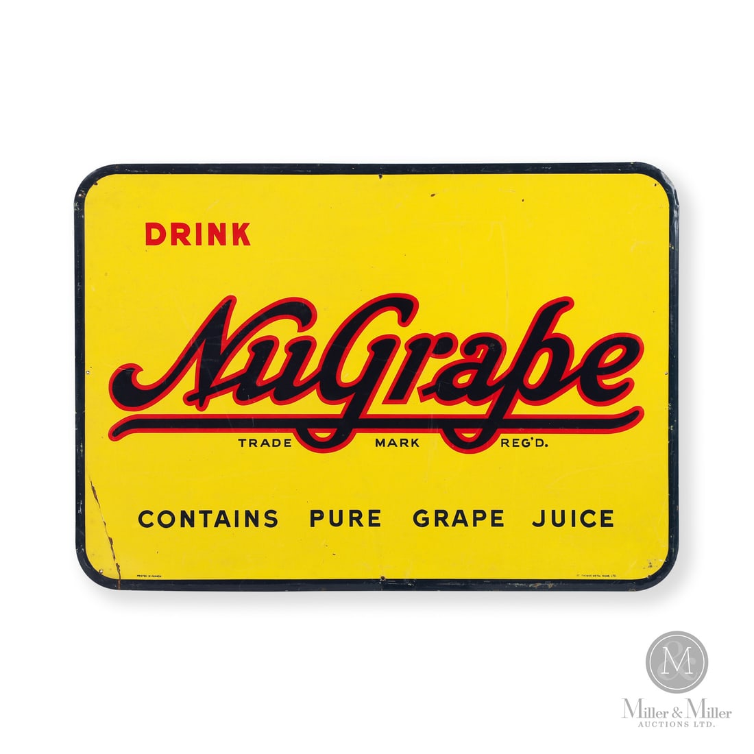 NuGrape Oversized Door Kick Sign: Made in Canada. 1940 - 1950. Single-sided tin (SST). Embossed. Contains pure grape juice. The National NuGrape Company was formally incorporated 1933 in Atlanta. The company grew rapidly by selling